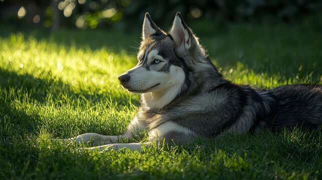 Siberian Husky with striking blue eyes lies on lush green grass, basking in warm sunlight. dog thick fur and attentive expression highlight its majestic presence in serene outdoor setting
