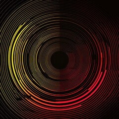 Fototapeta premium Neon yellow and red lines form glowing concentric circles against a pitch-black digital backdrop.