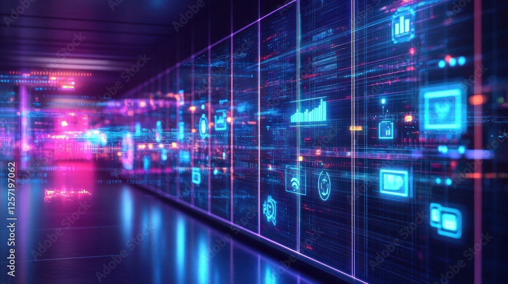 Poster futuristic server room with glowing screens and network icons
