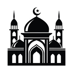 Mosque Icon: A simple yet powerful black and white silhouette of a mosque with minarets and a crescent moon, symbolizing faith, spirituality, and the architectural beauty of Islamic design