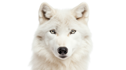 Majestic white wolf staring with intense gaze on transparent background