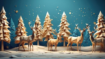 Layered Paper Art Winter Scene with Deer, Mountains, and a Starry Night Sky