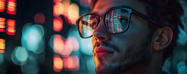 Young man wearing glasses, gazing thoughtfully at colorful city lights at night