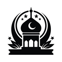 Mosque Icon: A simple yet powerful black and white silhouette of a mosque with minarets and a crescent moon, symbolizing faith, spirituality, and the architectural beauty of Islamic design