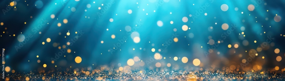 Poster blue and gold background with radiant light shining down creating a bright atmosphere