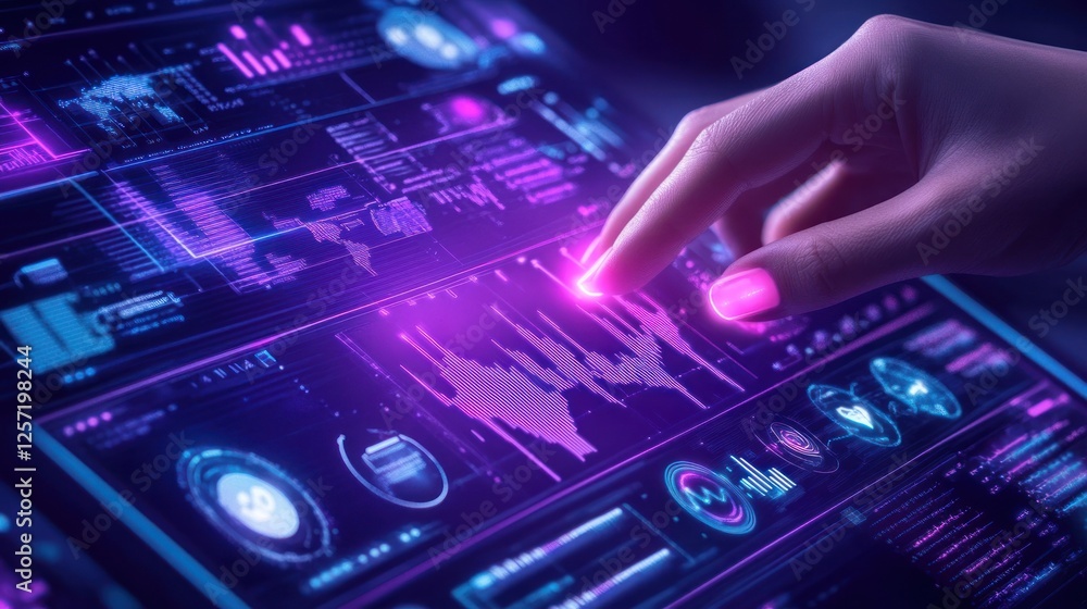 Poster Hand interacts with interactive holographic futuristic data display screen