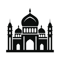 Mosque Icon: A simple yet powerful black and white silhouette of a mosque with minarets and a crescent moon, symbolizing faith, spirituality, and the architectural beauty of Islamic design