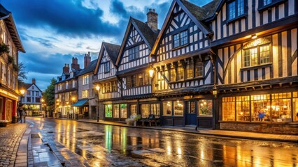 Charming Historic Street with Traditional Architecture and Twilight Glow