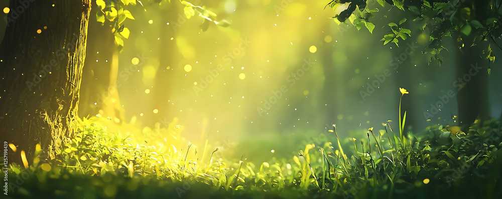 Poster serene forest scene with sunlight filtering through trees and glowing particles
