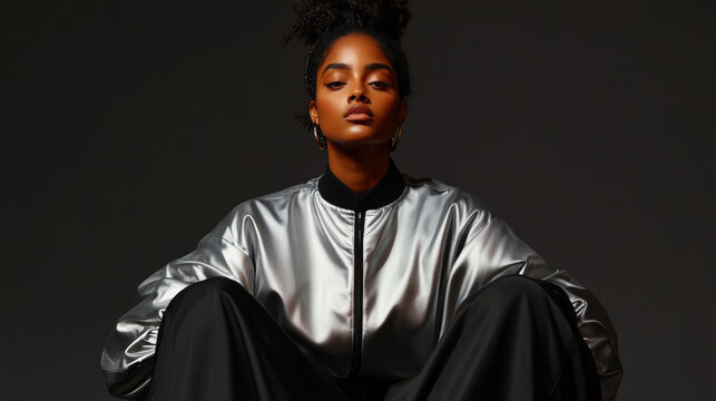 Confident woman with elegant allure wearing a metallic bomber jacket and sitting against a dark studio background, exuding strength, style, and modern sophistication. - Powered by Adobe
