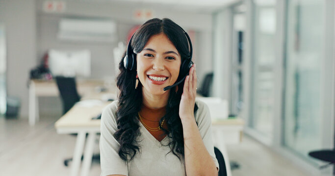Call center, headset and portrait of woman for customer support, online service and consulting video pov. Crm business, contact us and face of female worker with networking for telemarketing smile