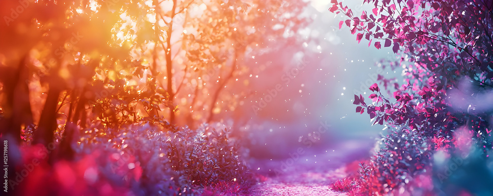 Poster vibrant forest path illuminated by colorful sunlight with soft bokeh effects