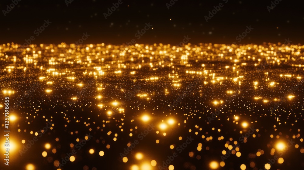Poster Golden light particles create an abstract shiny and glittering landscape