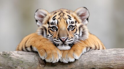 Obraz premium Cute tiger cub resting on a log, close-up. Possible use Wildlife photography, nature, baby animals
