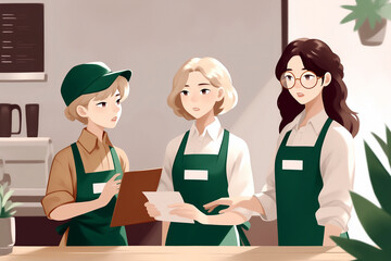 Fototapeta premium Cafe Workers wearing green aprons, collaborating together, for teamwork, customer service, in employee guides, business illustration, with a cozy and inviting atmosphere