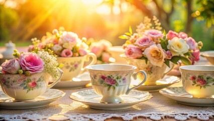 Vintage Teacups and Floral Arrangements in Soft Golden Light