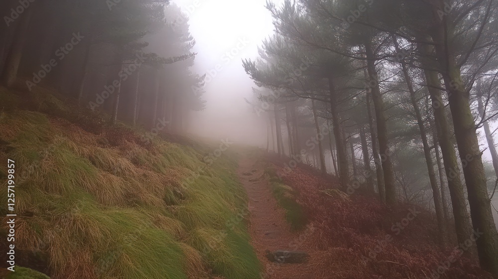 Poster a mysterious forest path disappears into thick white fog