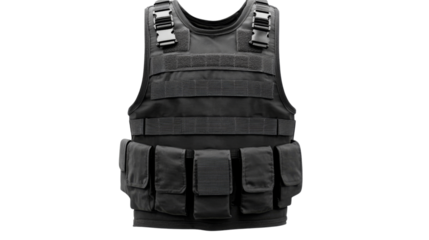 Modern tactical bulletproof vest with multiple pouches on transparent background