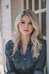 Fashion photography featuring a beautiful blonde woman posing confidently in a casual denim shirt outdoors