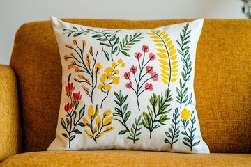 DIY Home Decor Concepts. Embroidered floral pillow on a cozy yellow sofa.