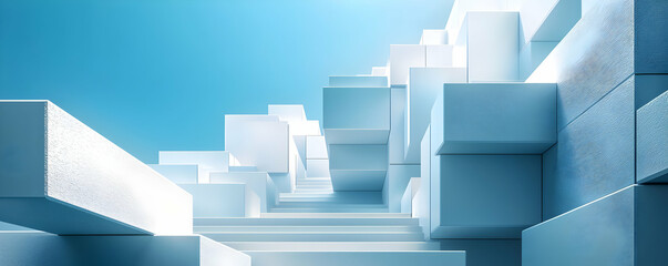 Abstract geometric staircase leading into a bright blue sky with soft clouds