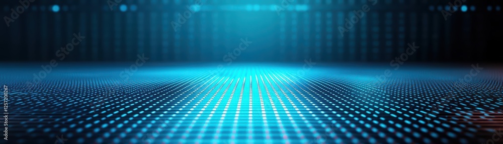 Poster Blue and black background featuring binary pattern with digital design elements and technology motif