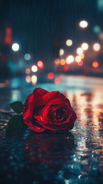 A red rose resting on a wet urban street, surrounded by shimmering reflections and soft bokeh lights under gentle rainfall