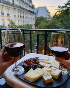 Romantic date night on a balcony in Paris with wine and French cheese platters