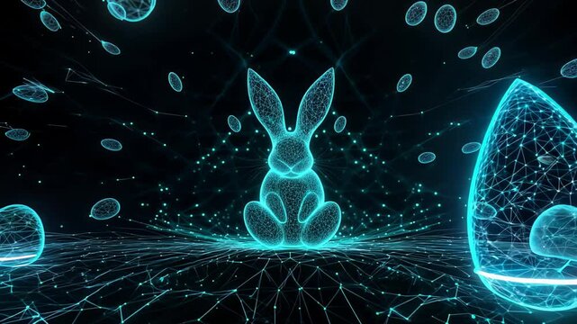 Futuristic digital Easter bunny with floating easter eggs: glowing neon transformation in a virtual reality world. Modern Easter greetings video animation