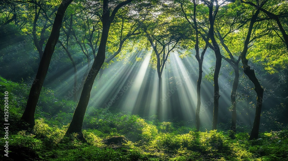 Poster sunlight filtering through the trees, creating a breathtaking forest scene