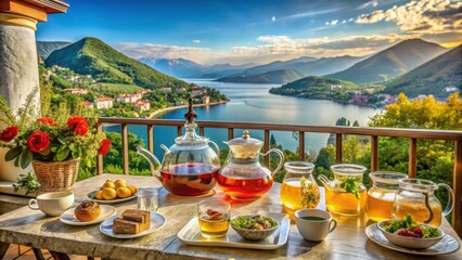 Fototapeta premium Scenic Mountain View with Breakfast and Refreshing Beverages