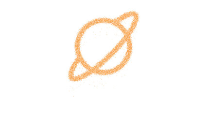 Icon planet ringed is made of yellow grains of sand. Some grains of sand fall down. Transparent background. Black