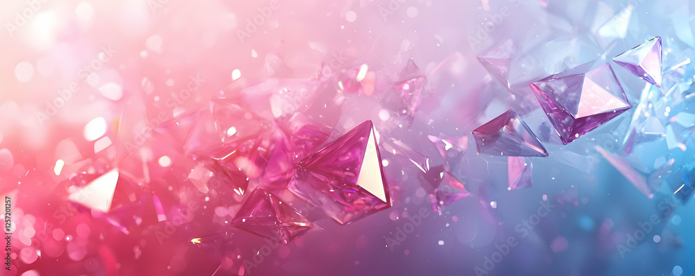 Poster colorful abstract background with floating crystal-like shapes and bokeh