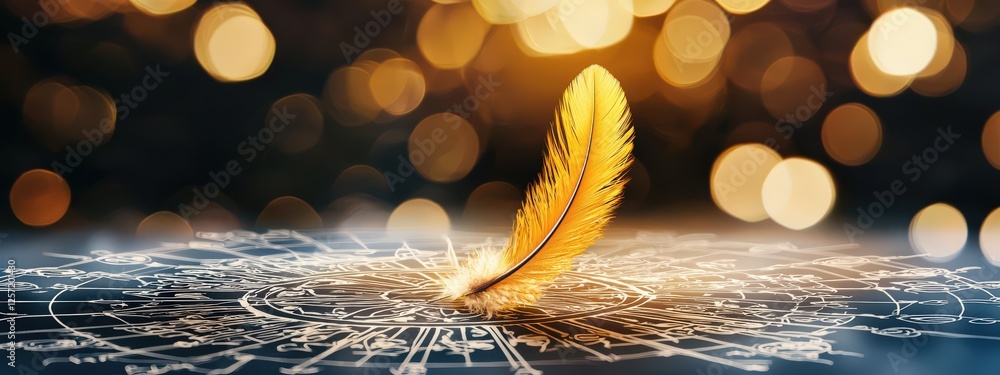 Poster feather surrounded by mystical symbols on a soft glowing background