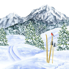 Mountain winter landscape with forest, trees and skis. Hand drawn watercolor illustration isolated on background. For decor, postcards, posters, design, advertising