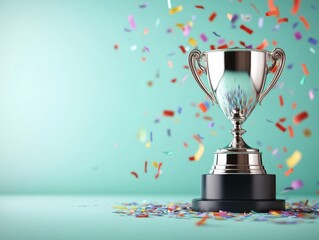 Silver Trophy with Colorful Confetti on Mint Green Background
