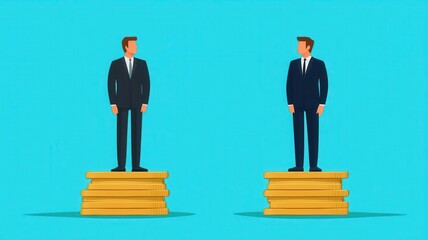 Fototapeta premium Two businessmen stand on stacks of books against a blue background, symbolizing knowledge and competition.
