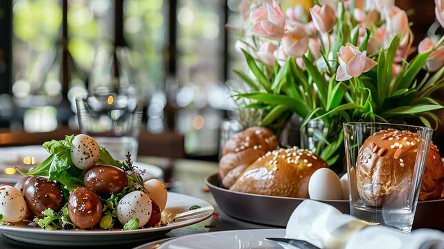 Elegant Easter brunch table with fresh pastries, decorated eggs, and spring flowers. Festive dining setting with seasonal food. Easter eggs decoration. 