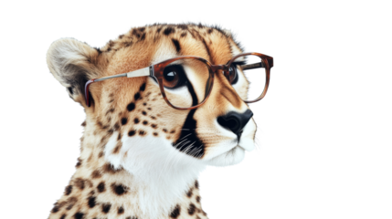 Intelligent cheetah wearing stylish eyeglasses on transparent background