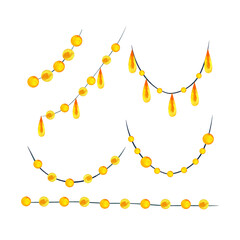 Festive garlands, bulbs, illumination. Set of hand-drawn watercolor illustrations. Isolated on background. For decor, design, packaging, postcards, souvenirs, printing