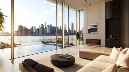 Luxurious living room showcases cityscape view through large windows