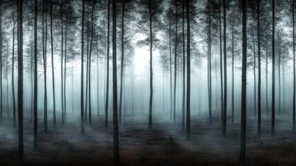 A forest background showcasing a dark pine forest shrouded in a thick fog