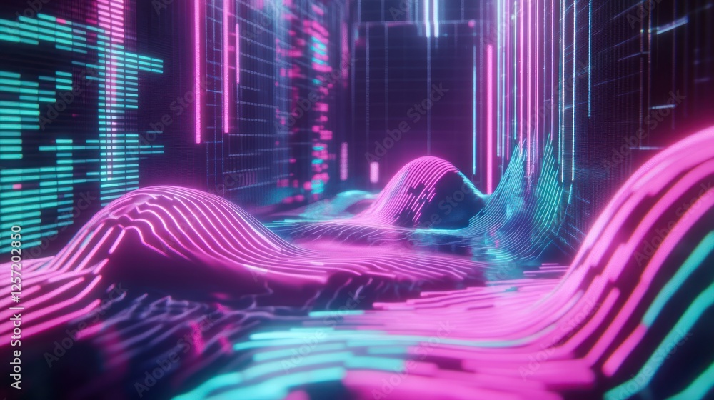 Poster Abstract landscape features neon lines and data structures background