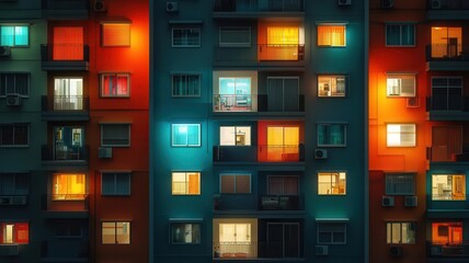 Colorful apartment windows illuminate a cityscape at night.