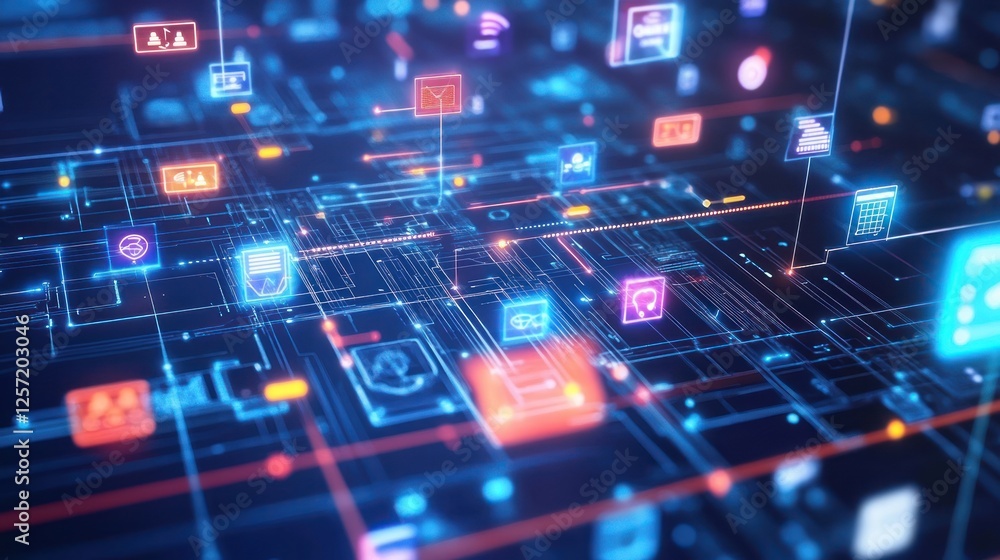 Poster Digital network with illuminated interconnected icons and circuit patterns