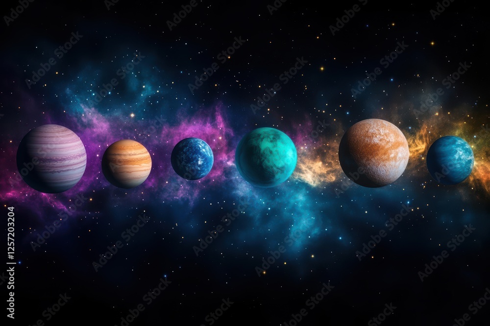 Poster colorful planets and stars in a vast galaxy with deep space background and cosmic elements