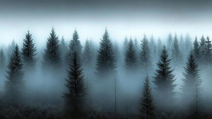 A forest background showcasing a dark pine forest shrouded in a thick fog