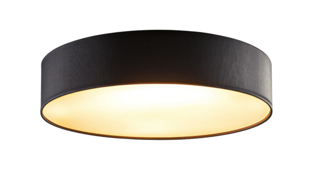 Modern ceiling lamp illuminating with warm light on transparent background