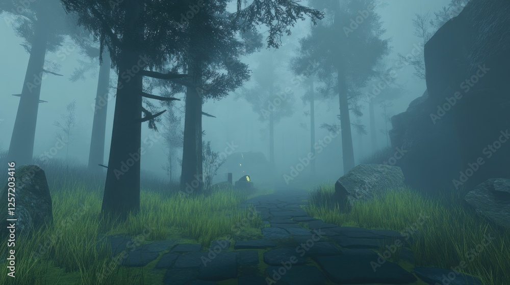 Poster misty forest path leads into the unknown shrouded by fog
