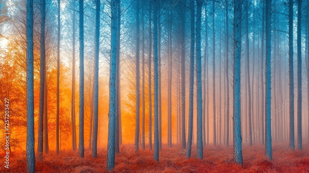 Poster dense forest with tall bare trees in vibrant colors